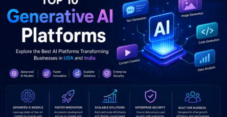 Top 10 Generative AI Platforms infographic featuring AI-powered business solutions, advanced AI models, scalable technology, enterprise security, content generation, code generation, image creation, and data analytics for businesses in the USA and India.