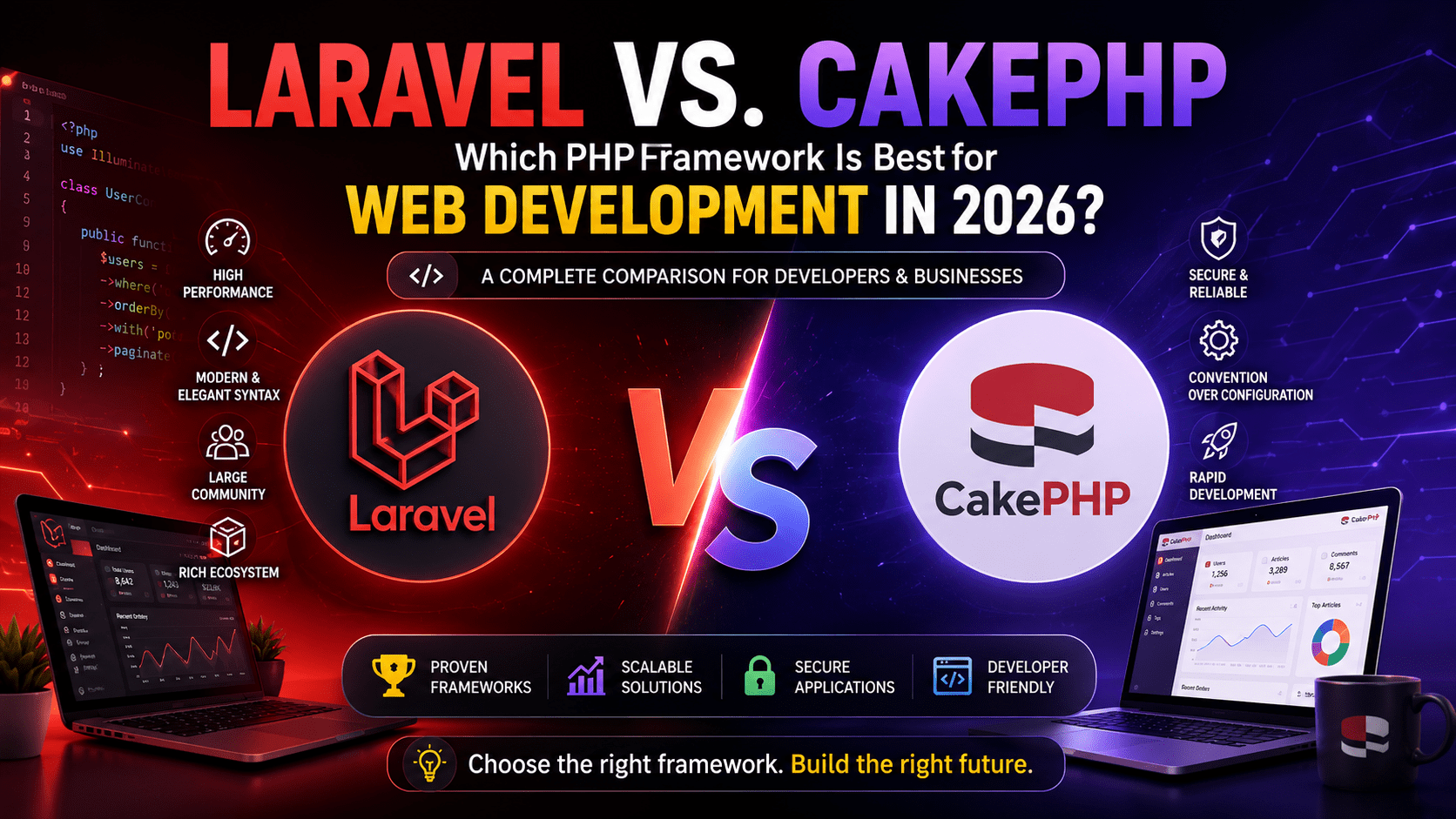 Laravel vs CakePHP comparison showing the best PHP framework for web development in 2026