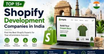Top Shopify Development Companies in India banner featuring Shopify eCommerce store design, online shopping interface, expert Shopify developers, and India's leading eCommerce development services.