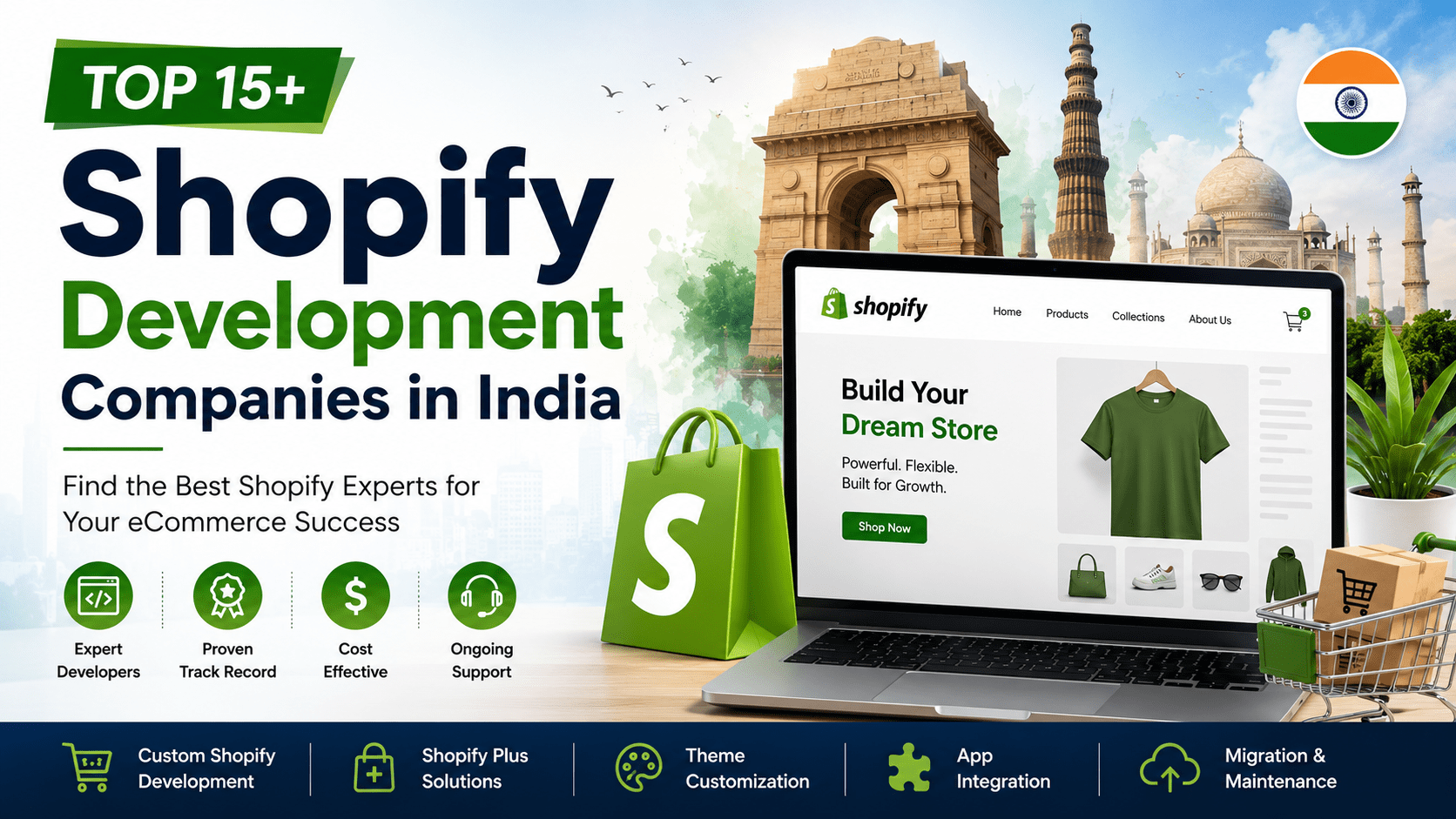 Top Shopify Development Companies in India banner featuring Shopify eCommerce store design, online shopping interface, expert Shopify developers, and India's leading eCommerce development services.