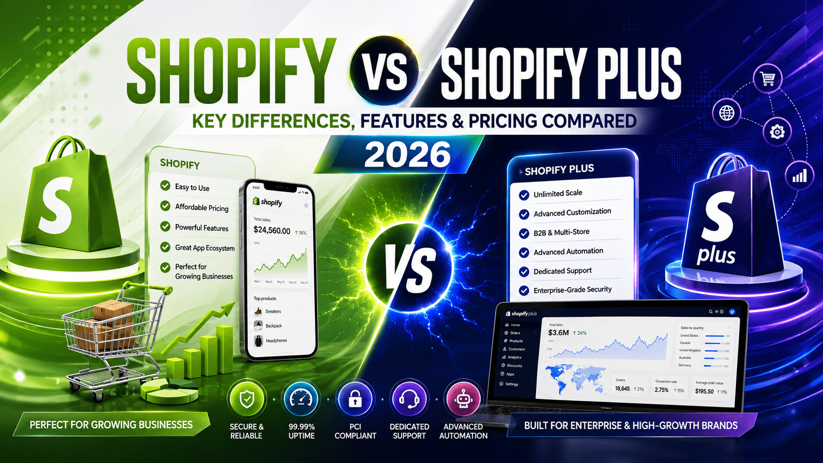 Shopify vs Shopify Plus comparison showing key differences, features, pricing, and enterprise capabilities in 2026