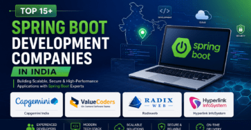 Top Spring Boot Development Companies in India featuring Capgemini India, ValueCoders, Radixweb, and Hyperlink InfoSystem for enterprise Java application development