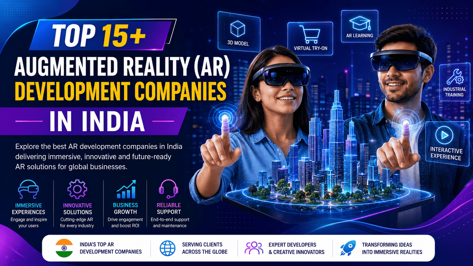 Top 15+ Augmented Reality (AR) Development Companies in India banner featuring professional AR developers using smart glasses with futuristic holographic interfaces, immersive 3D visualization, and innovative AR technology solutions.