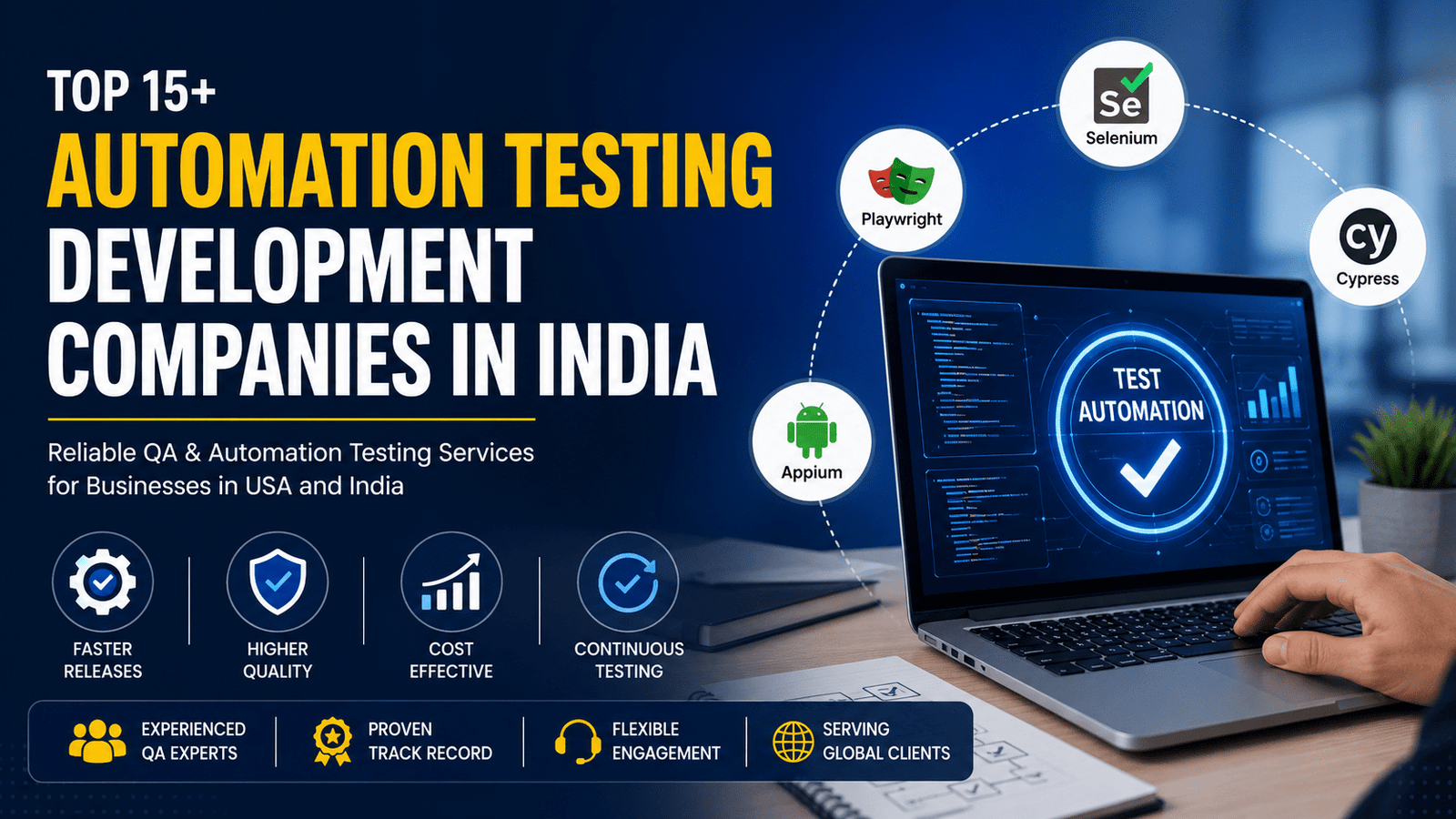 Top Automation Testing Development Companies in India banner featuring QA engineers, Selenium, Cypress, Playwright, Appium, and automated software testing services for businesses.