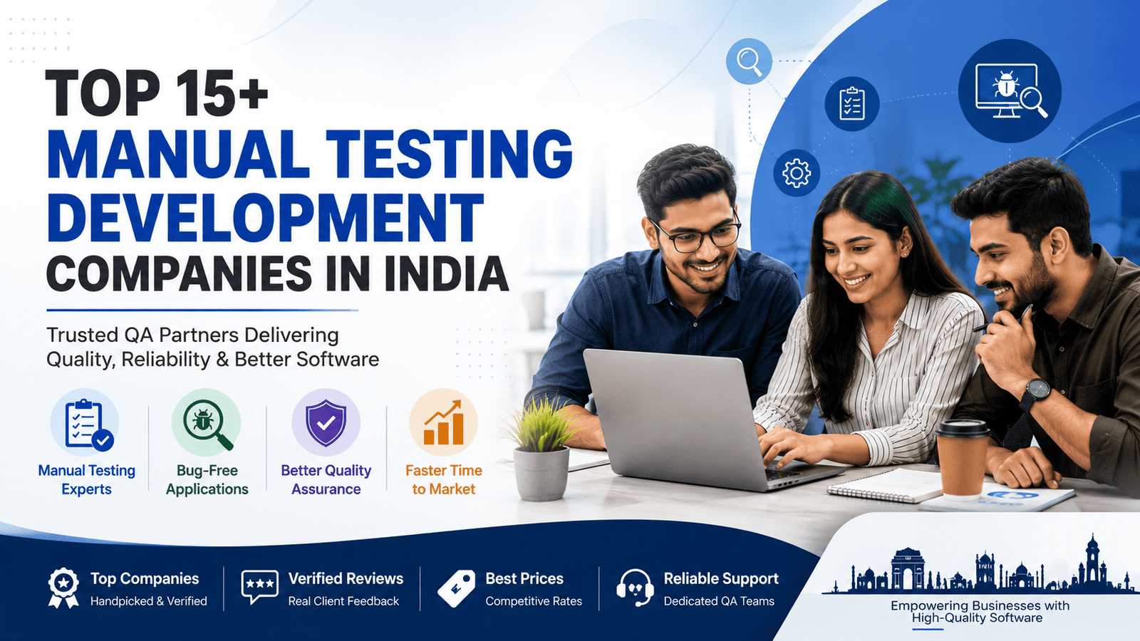 Top 15+ Manual Testing Development Companies in India banner featuring professional QA engineers collaborating on software testing, quality assurance, bug tracking, and application testing services.