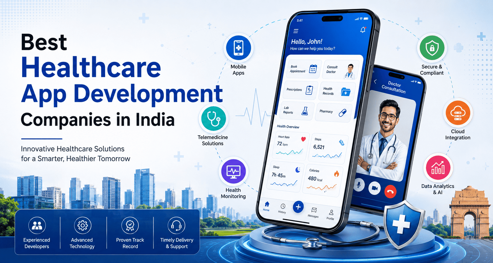 Best Healthcare App Development Companies in India featuring mobile healthcare apps, telemedicine, health monitoring, secure cloud integration, and AI solutions.