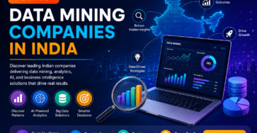 Top 15+ data mining companies in India banner showing analytics, insights, AI, and business intelligence solutions.