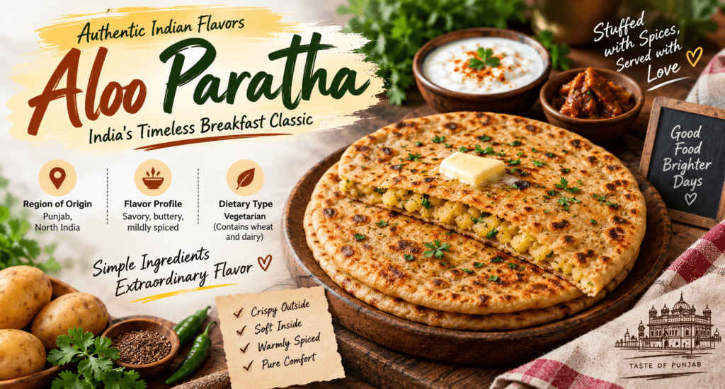 Aloo Paratha, a crispy Punjabi stuffed potato flatbread served with yogurt, pickle, butter, and fresh herbs