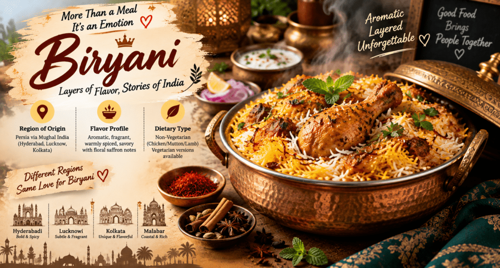 Indian biryani with aromatic basmati rice, saffron, chicken, fried onions, mint, and traditional spices served in a copper handi
