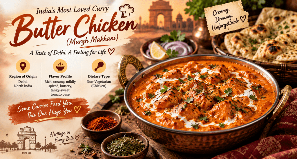 Butter Chicken Murgh Makhani in creamy tomato gravy served with naan, garnished with cilantro and cream