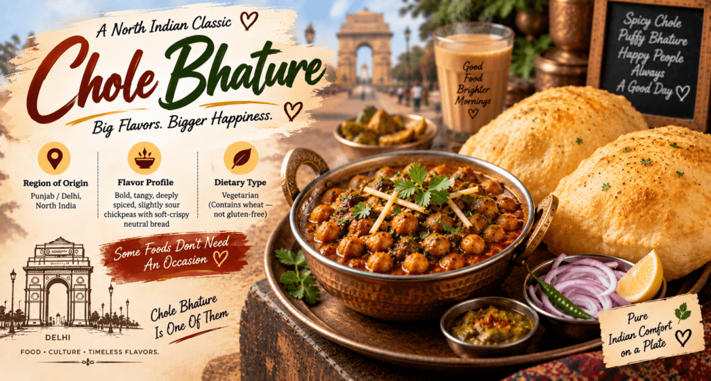 Chole Bhature with spicy chickpea curry, puffed bhatura, onions, lemon, green chili, and Indian chutneys
