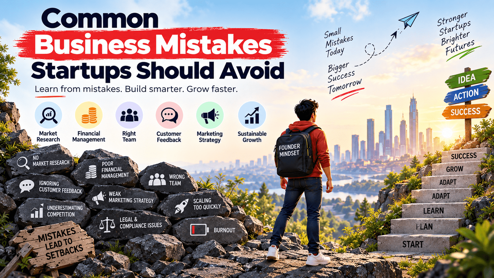 Common business mistakes startups should avoid – startup founder navigating business pitfalls toward success
