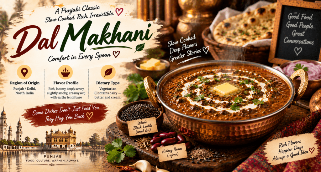 Dal Makhani with creamy black lentils, kidney beans, butter, cream, cilantro, and naan in traditional Punjabi style