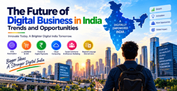 The Future of Digital Business in India featuring AI, e-commerce, fintech, cloud computing, social commerce, and regional language growth