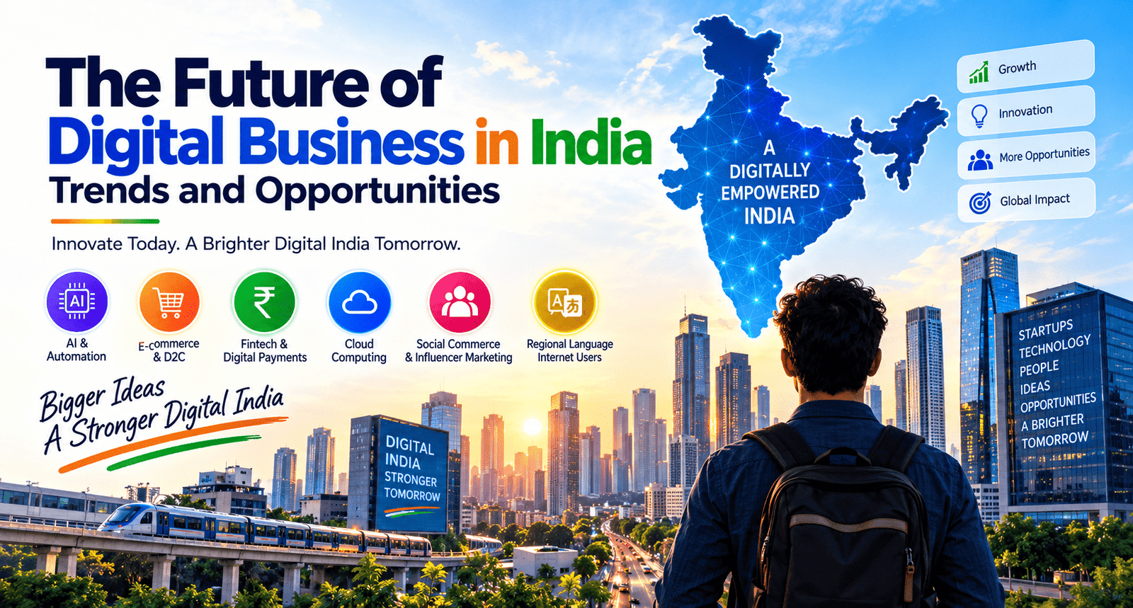 The Future of Digital Business in India featuring AI, e-commerce, fintech, cloud computing, social commerce, and regional language growth