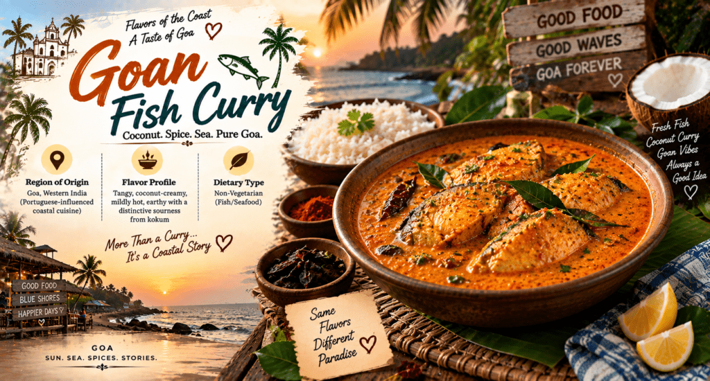 Goan Fish Curry with tender fish in creamy coconut and kokum gravy, served with steamed rice, spices, herbs, and lemon