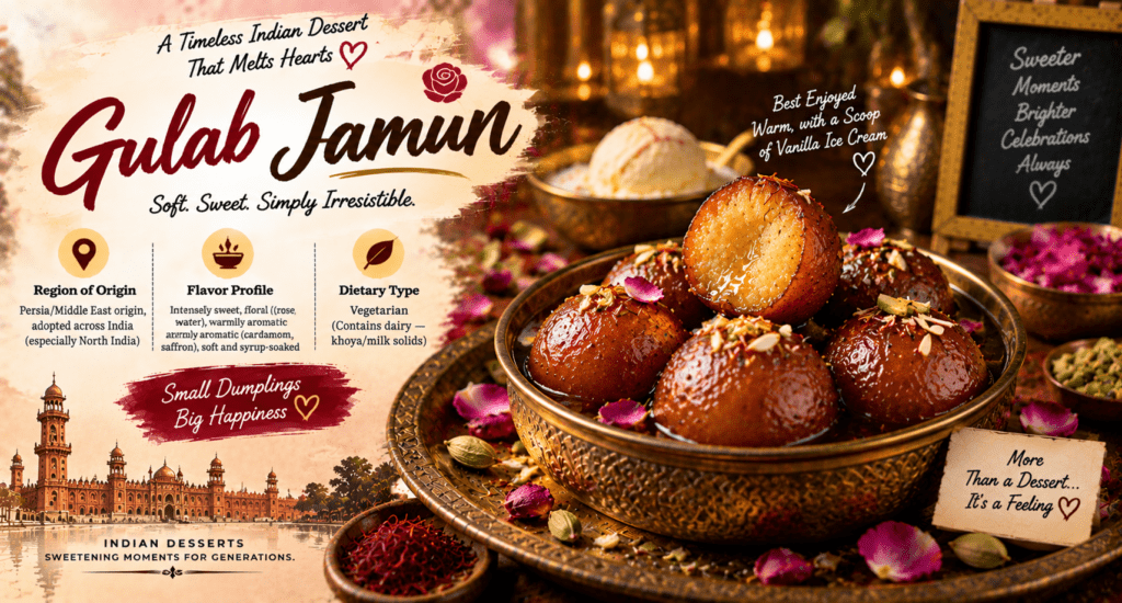 Gulab Jamun with soft golden milk dumplings soaked in rose-flavored syrup, garnished with saffron, pistachios, and rose petals