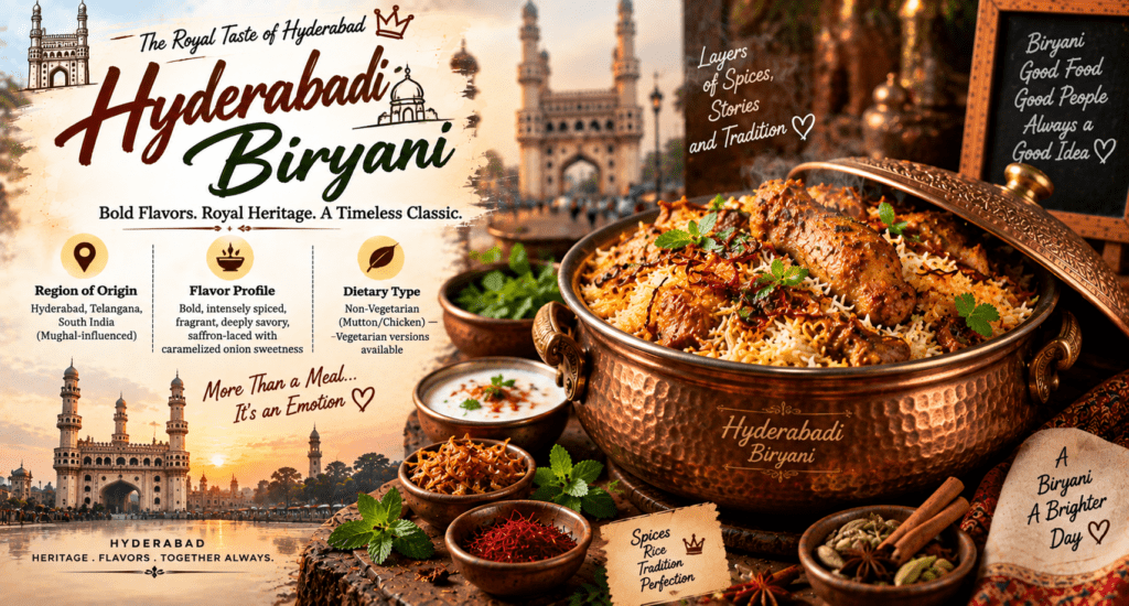 Hyderabadi Biryani with fragrant basmati rice, spiced meat, saffron, fried onions, mint, whole spices, and traditional raita