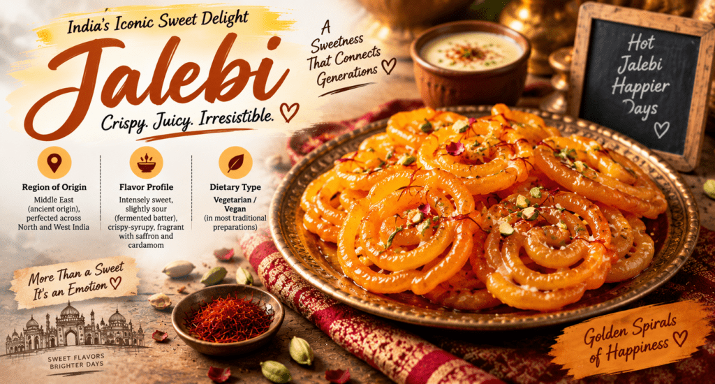 Jalebi Indian sweet with crispy syrup-soaked golden spirals garnished with saffron, pistachios, and rose petals