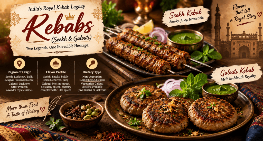 Seekh and Galouti kebabs showcasing smoky grilled flavors and melt-in-the-mouth Awadhi cuisine with chutney and herbs