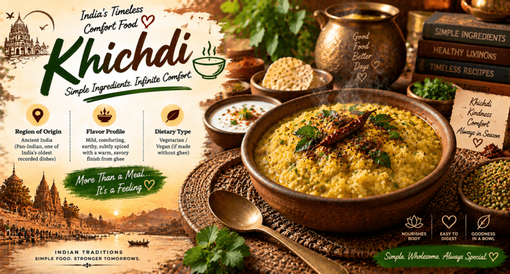 Khichdi with rice and moong lentils, tempered spices, ghee, fresh coriander, papad, yogurt, and traditional Indian accompaniments