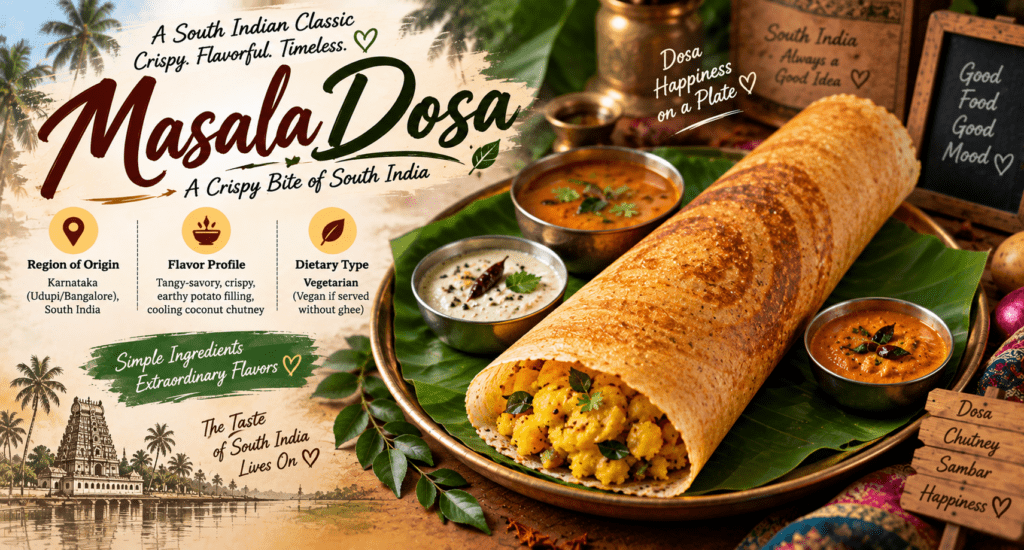Masala Dosa with crispy golden crepe, spiced potato filling, coconut chutney, and sambar on a traditional banana leaf