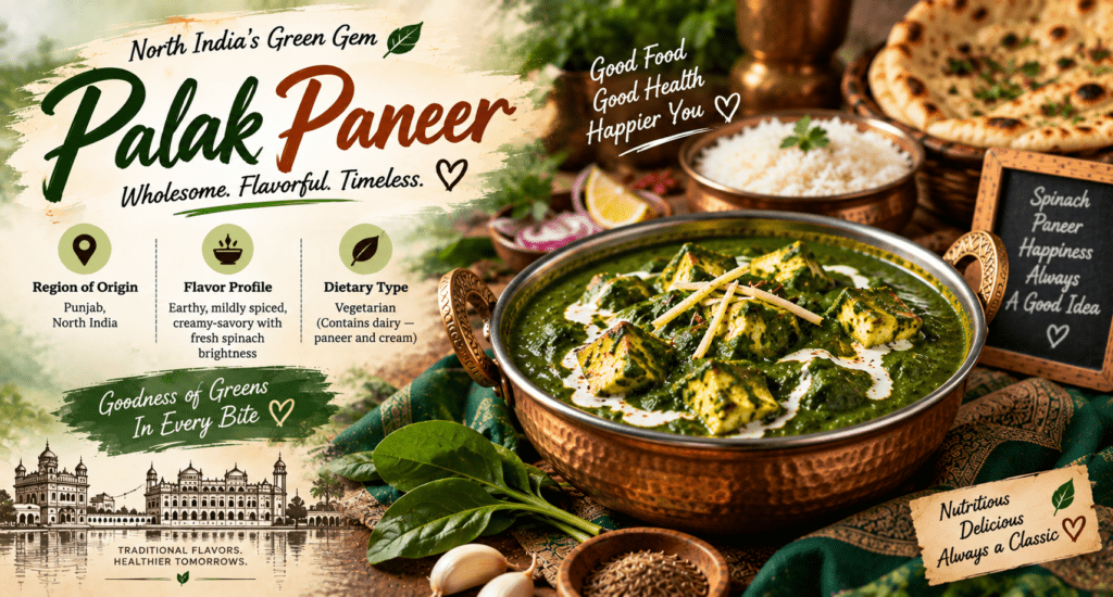 Palak Paneer with creamy spinach curry, soft paneer cubes, naan, rice, fresh spinach, and traditional Indian spices