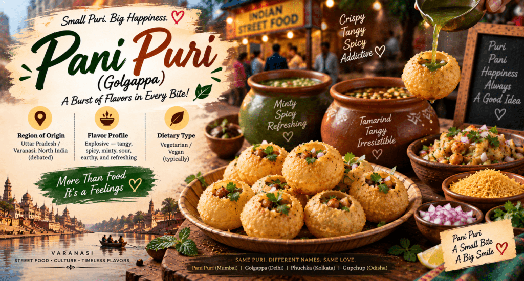 Pani Puri Golgappa with crispy hollow puris, spicy mint and tamarind water, chickpeas, potatoes, chutneys, and fresh herbs