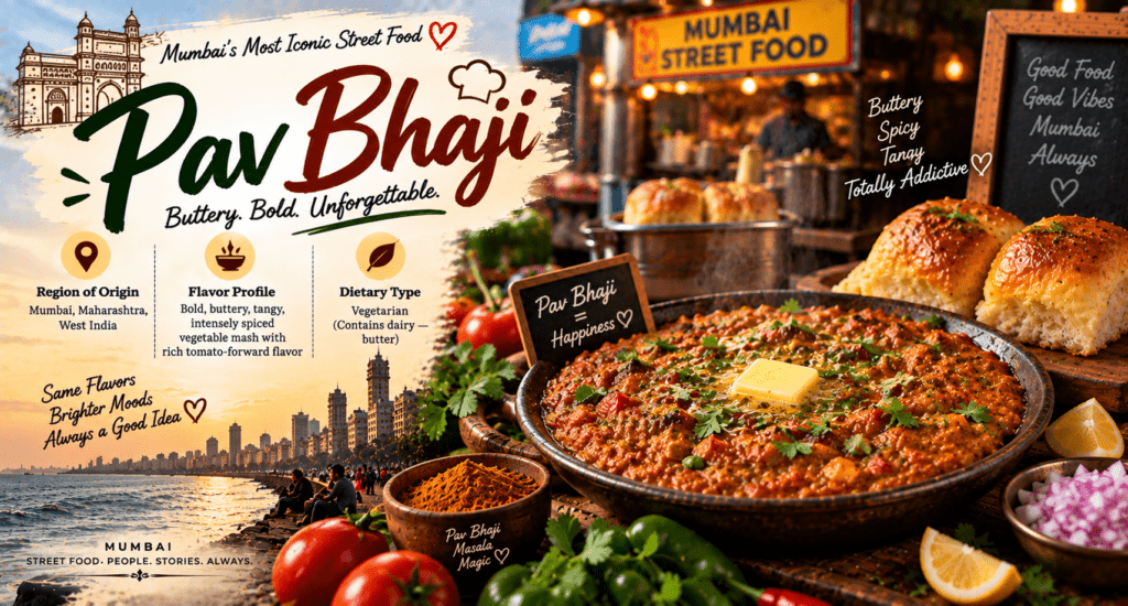 Pav Bhaji with buttery spiced vegetable mash, toasted pav rolls, fresh onions, lemon, cilantro, and Mumbai street-food flavors
