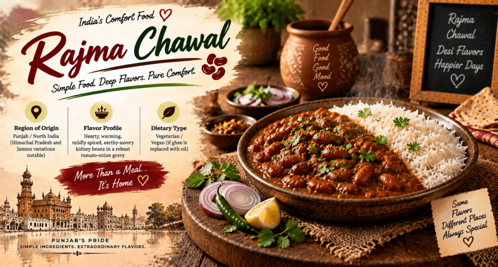 Rajma Chawal with hearty kidney bean curry, steamed basmati rice, fresh coriander, onions, lemon, and traditional Indian spices