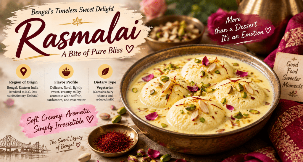 Rasmalai Bengali dessert with soft cheese dumplings in saffron-infused milk, garnished with pistachios, almonds, and rose petals