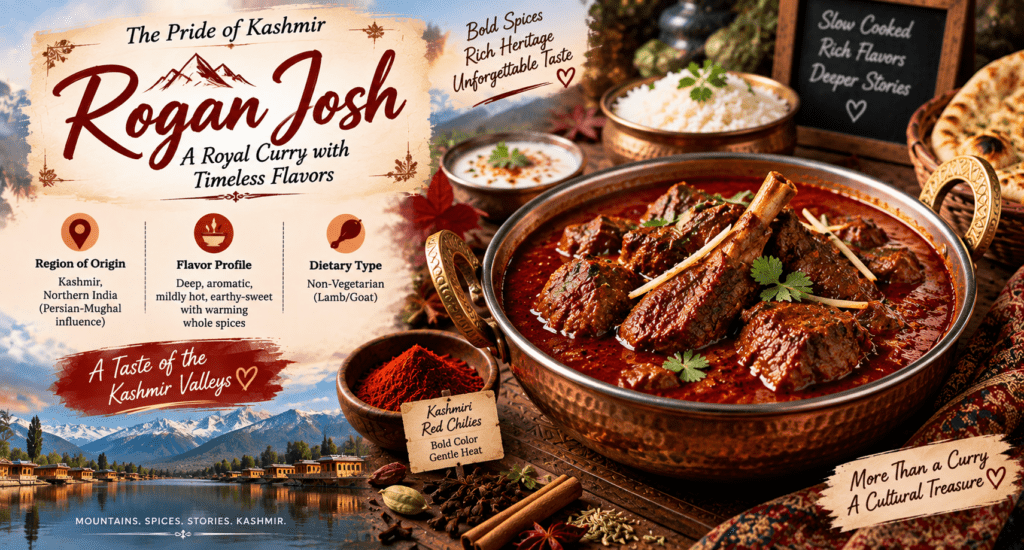 Rogan Josh Kashmiri lamb curry with deep red gravy, aromatic spices, steamed rice, naan, and cooling raita