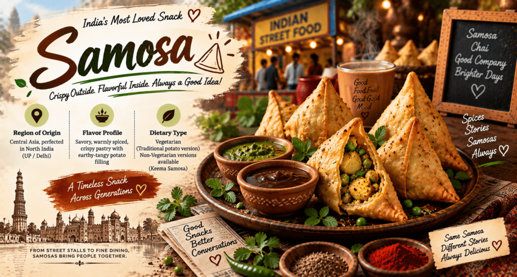 Crispy golden samosas filled with spiced potatoes and peas, served with mint and tamarind chutneys and Indian chai