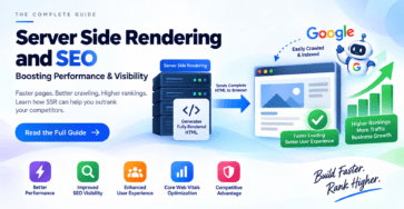 Server Side Rendering and SEO banner showing faster page performance, improved crawling, higher rankings, and better search visibility