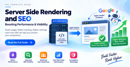 Server Side Rendering and SEO banner showing faster page performance, improved crawling, higher rankings, and better search visibility