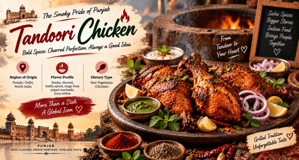 Tandoori Chicken with smoky charred pieces, yogurt-spice marinade, lemon, onions, mint chutney, and traditional Indian spices