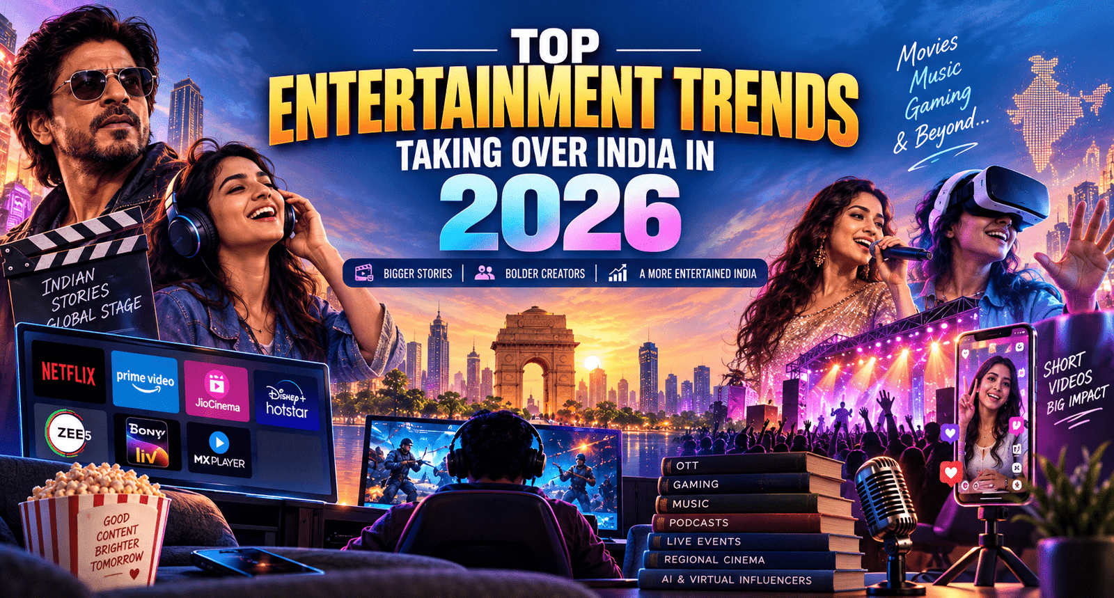 Top entertainment trends taking over India in 2026 including OTT, gaming, AI, regional cinema, live events and podcasts