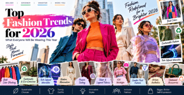 Top fashion trends for 2026 featuring bold color blocking, sustainable fashion, tech-infused wearables, modern minimalism, power suiting, sheer layers, Y2K style, gender-fluid fashion, artisan aesthetics, and statement accessories.