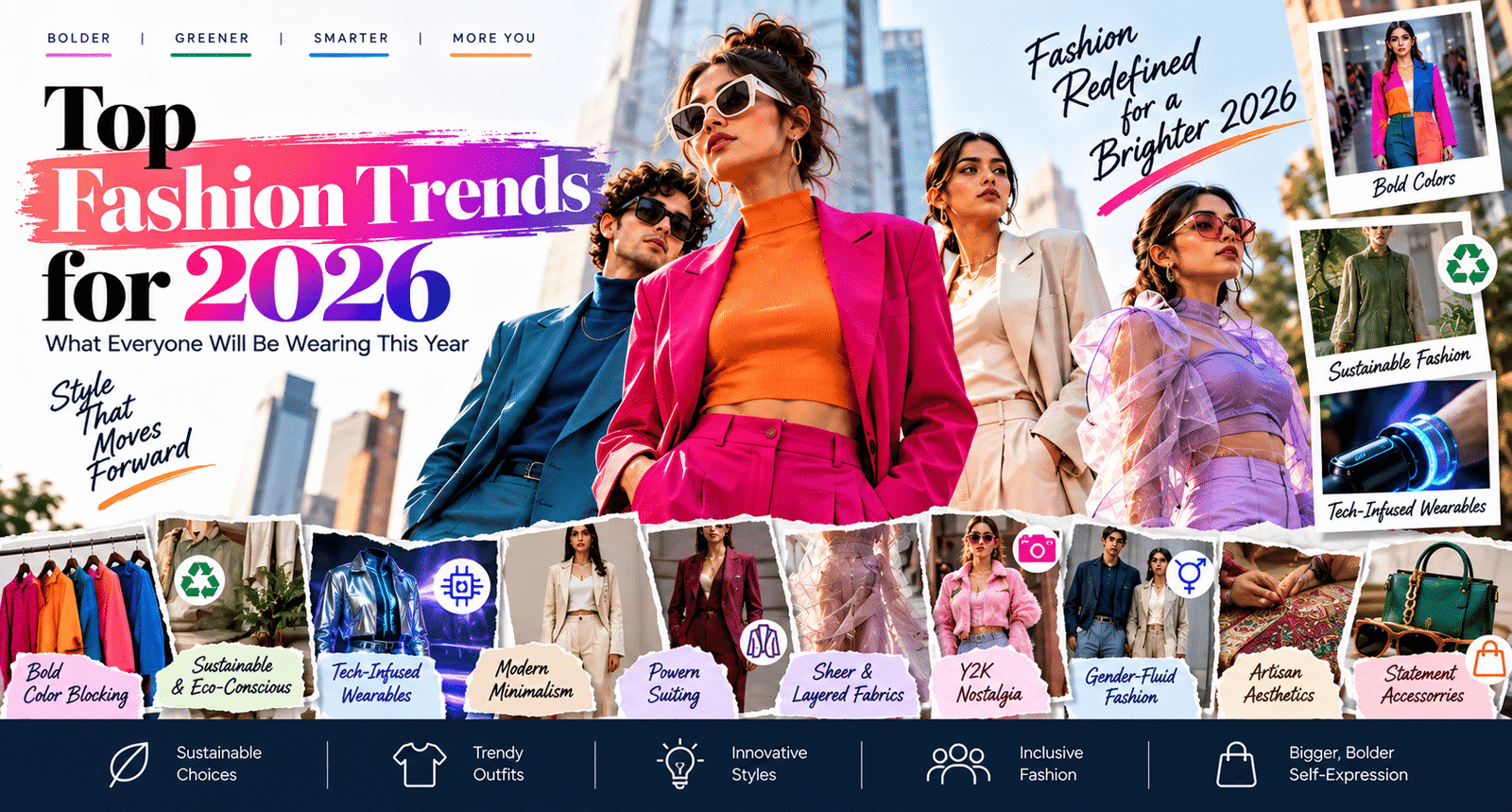 Top fashion trends for 2026 featuring bold color blocking, sustainable fashion, tech-infused wearables, modern minimalism, power suiting, sheer layers, Y2K style, gender-fluid fashion, artisan aesthetics, and statement accessories.