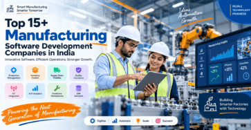 Top 15+ Manufacturing Software Development Companies in India banner featuring smart factory technology, robotics, AI, IoT, ERP, and digital manufacturing solutions
