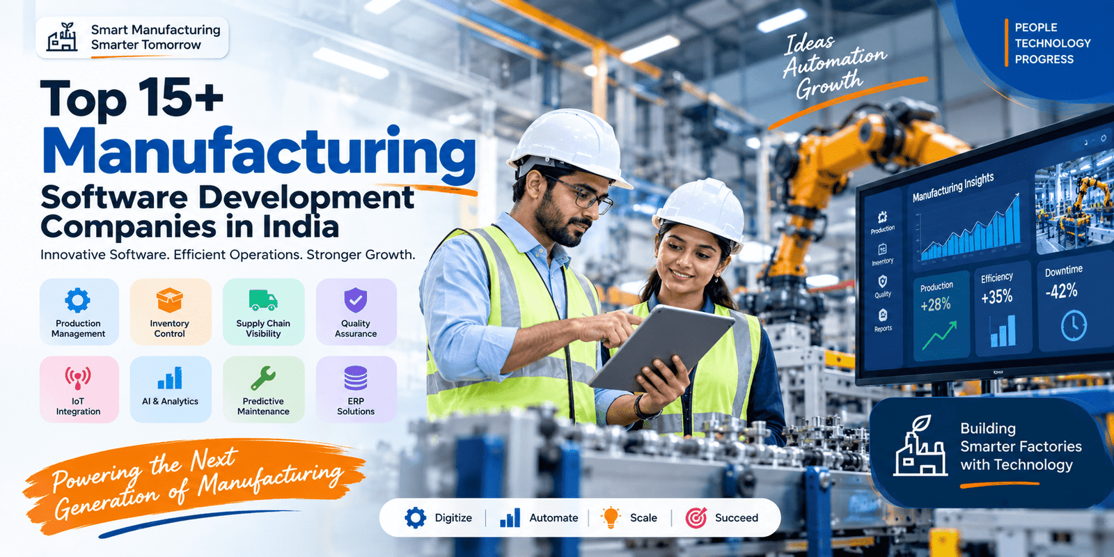 Top 15+ Manufacturing Software Development Companies in India banner featuring smart factory technology, robotics, AI, IoT, ERP, and digital manufacturing solutions