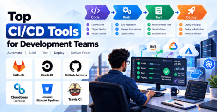 Top CI/CD tools for development teams featuring GitLab, CircleCI, GitHub Actions, CloudBees Jenkins, Bitbucket Pipelines, and Travis CI with automated build, testing, and deployment workflows.