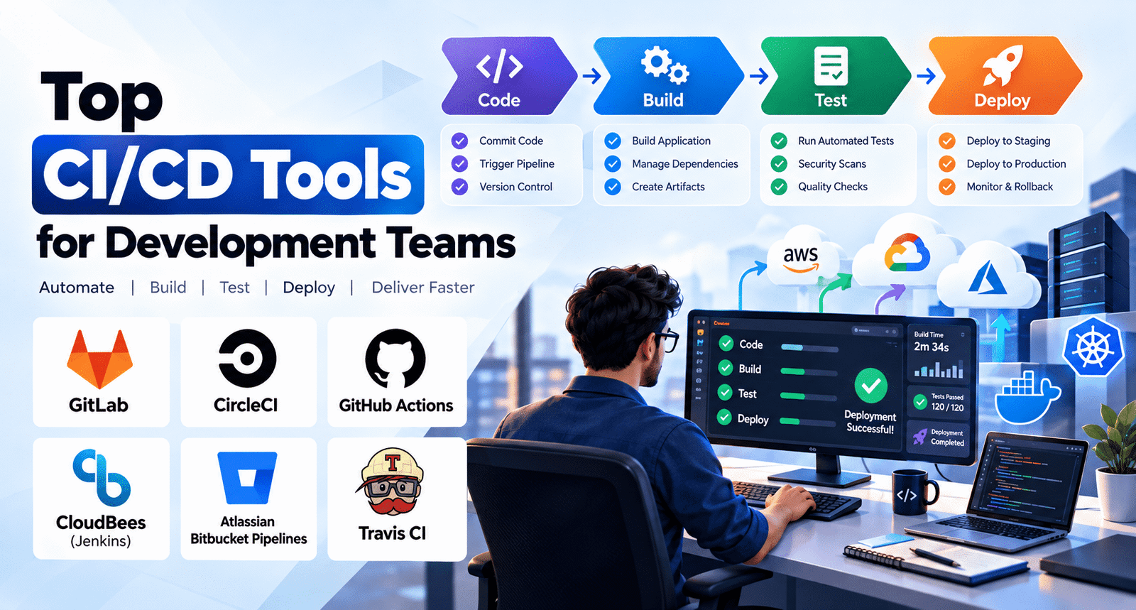 Top CI/CD tools for development teams featuring GitLab, CircleCI, GitHub Actions, CloudBees Jenkins, Bitbucket Pipelines, and Travis CI with automated build, testing, and deployment workflows.