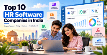 Top 10 HR Software Companies in India featuring HR dashboard analytics, employee management, payroll automation, attendance tracking, recruitment, and performance management with male and female professionals.