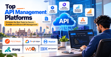 Top API Management Platforms comparison featuring Postman, Google Apigee, MuleSoft, Kong, WSO2, and IBM API Connect, highlighting API security, integration, monitoring, and scalability.