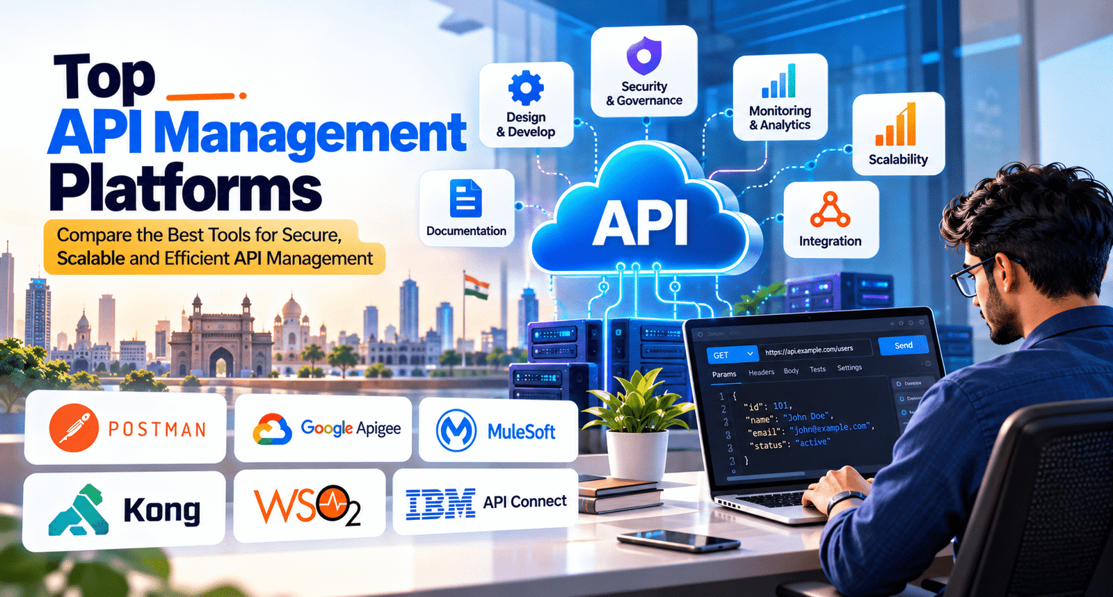 Top API Management Platforms comparison featuring Postman, Google Apigee, MuleSoft, Kong, WSO2, and IBM API Connect, highlighting API security, integration, monitoring, and scalability.