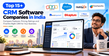 Top 15+ CRM Software Companies in India featuring CRM dashboards, leading CRM providers, sales automation, lead management, and customer support solutions.