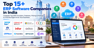 Top 15+ ERP Software Companies in India featuring leading ERP providers, company logos, ERP dashboard, business management modules, and key benefits for businesses.