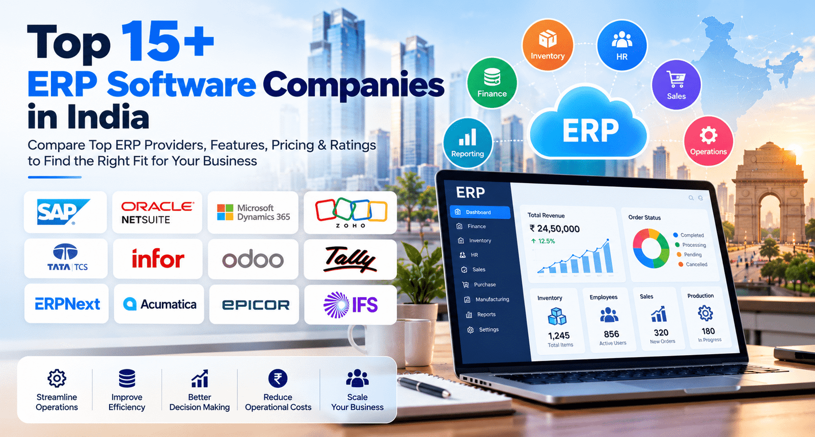 Top 15+ ERP Software Companies in India featuring leading ERP providers, company logos, ERP dashboard, business management modules, and key benefits for businesses.