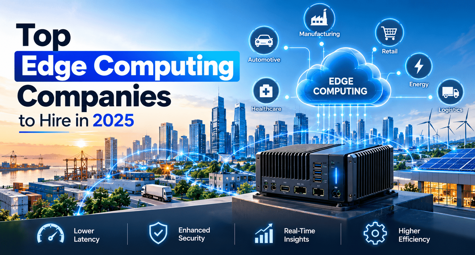 Top Edge Computing Companies to Hire in 2025 featuring smart city infrastructure, edge servers, IoT connectivity, and industrial applications.